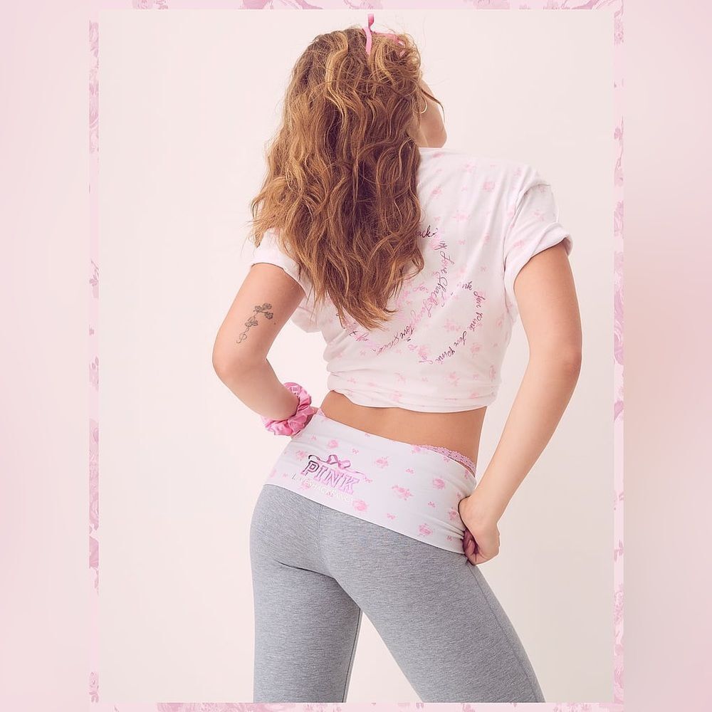 NWT! SZ L PINK X LOVESHACKFANCY COTTON FOLDOVER FLARE LEGGINGS
